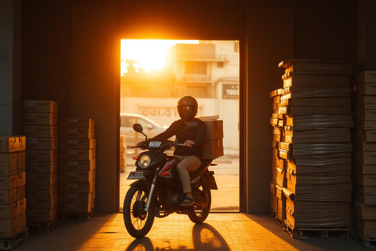 A courier rider collecting parcels for delivery