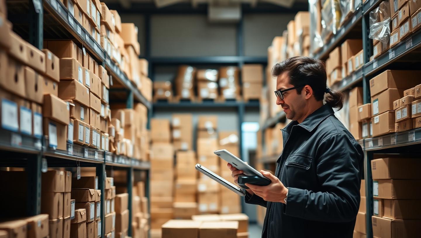 Stock being counted against a tablet in a shop stockroom